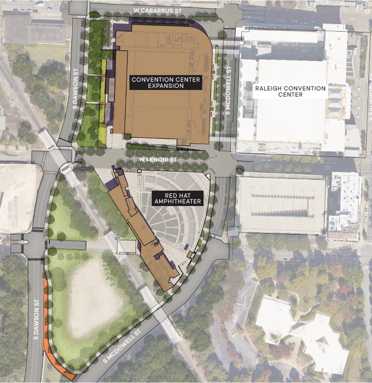 a rendering of the proposed site plan for the new convention center and amphitheater expansion